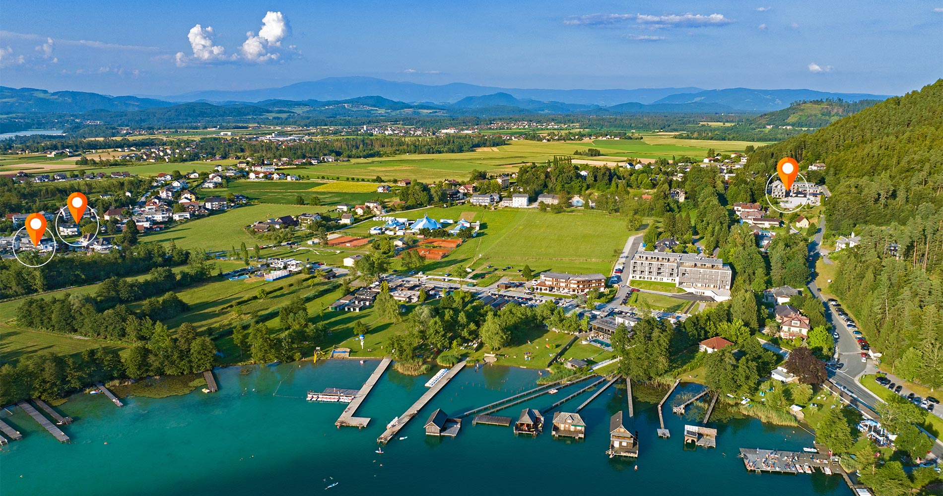 Klopeinersee Luftbild – Ostufer mit drei Apartment-Lagen am wärmsten Badesee Kärntens